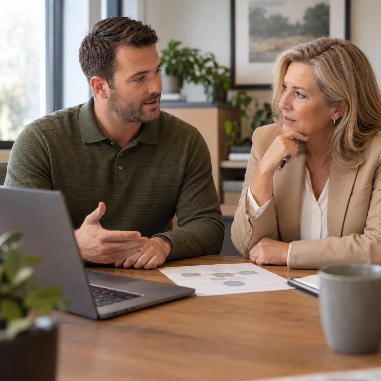 Payroll and HR advisor discussing service options with a business owner.