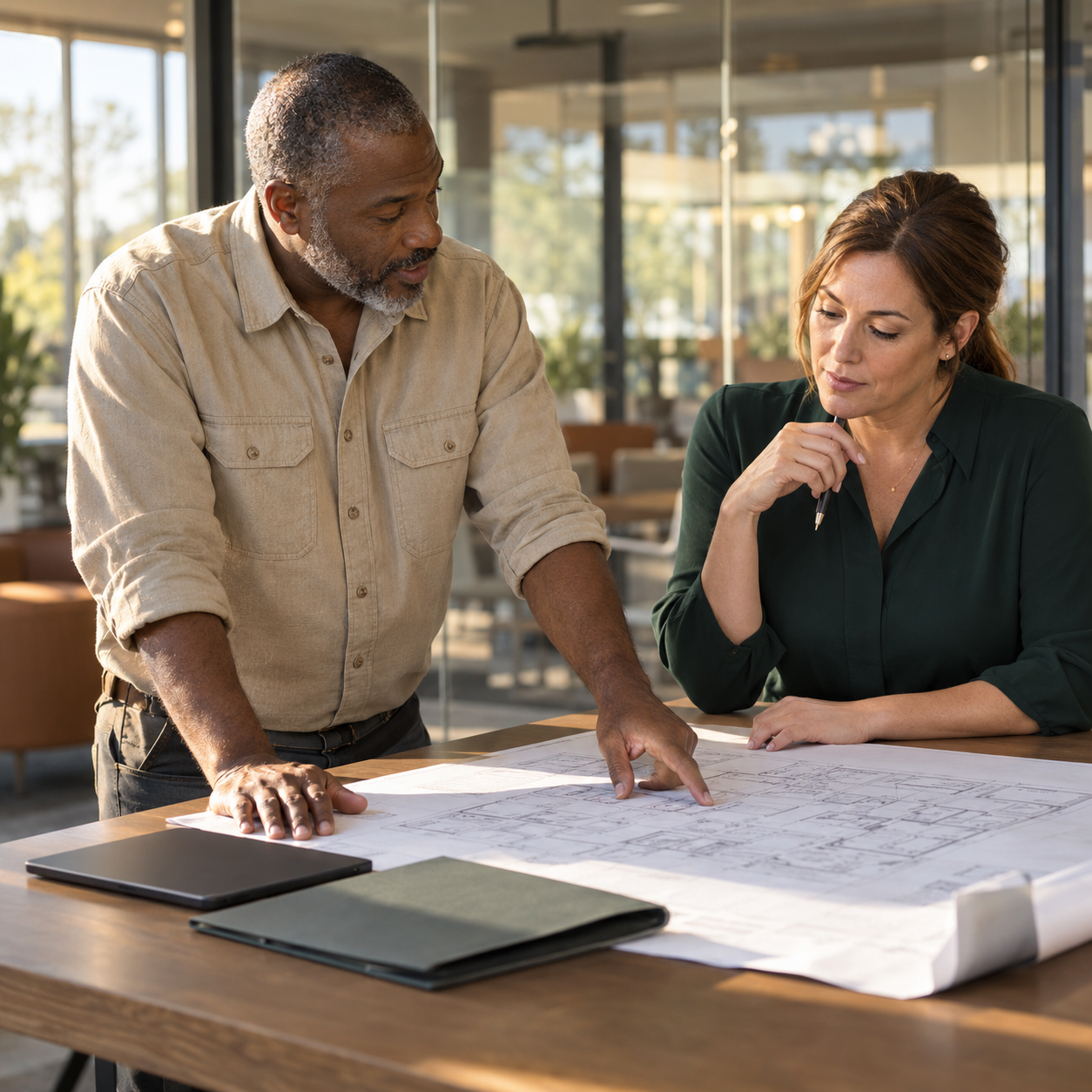 Commercial contractor reviewing a facility improvement plan with an owner.