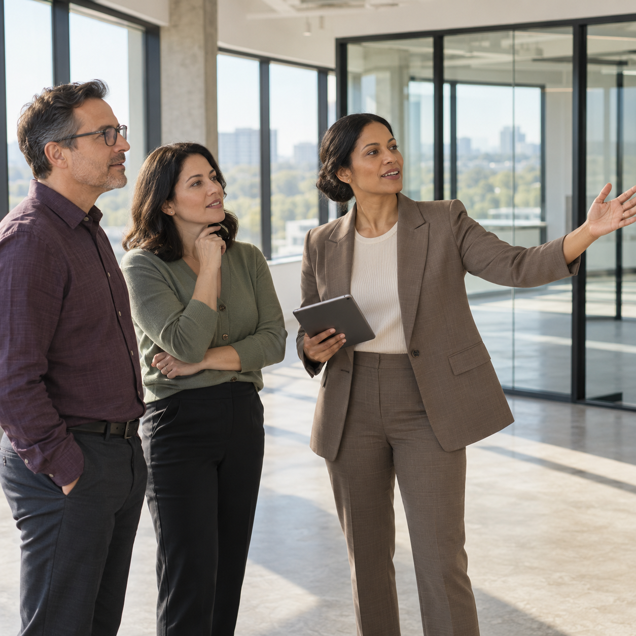Commercial real estate advisor showing an office space to prospective tenants.