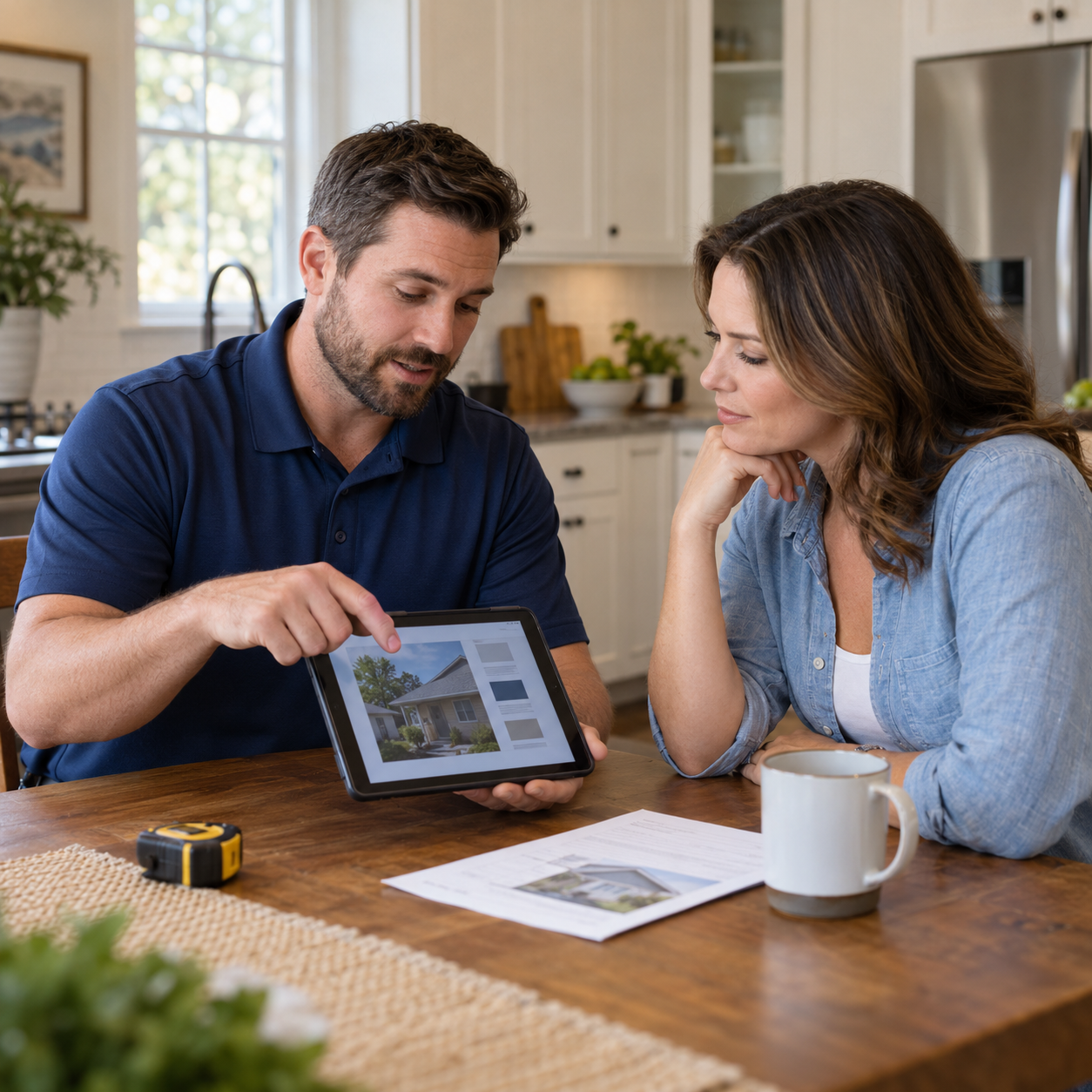 AI-generated illustration of a home services specialist explaining an assessment to a homeowner.