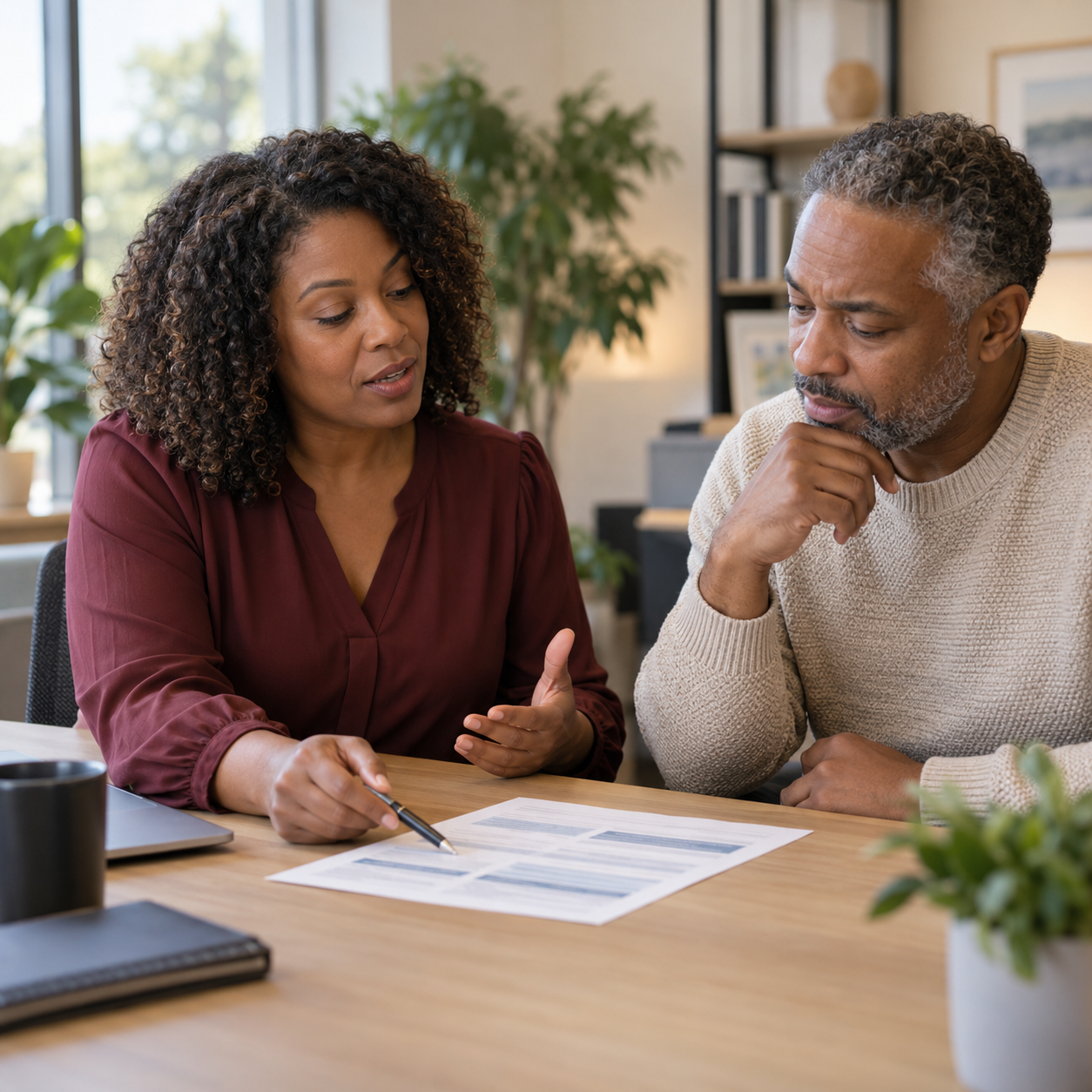 Insurance advisor explaining coverage options to a business owner at a meeting table.