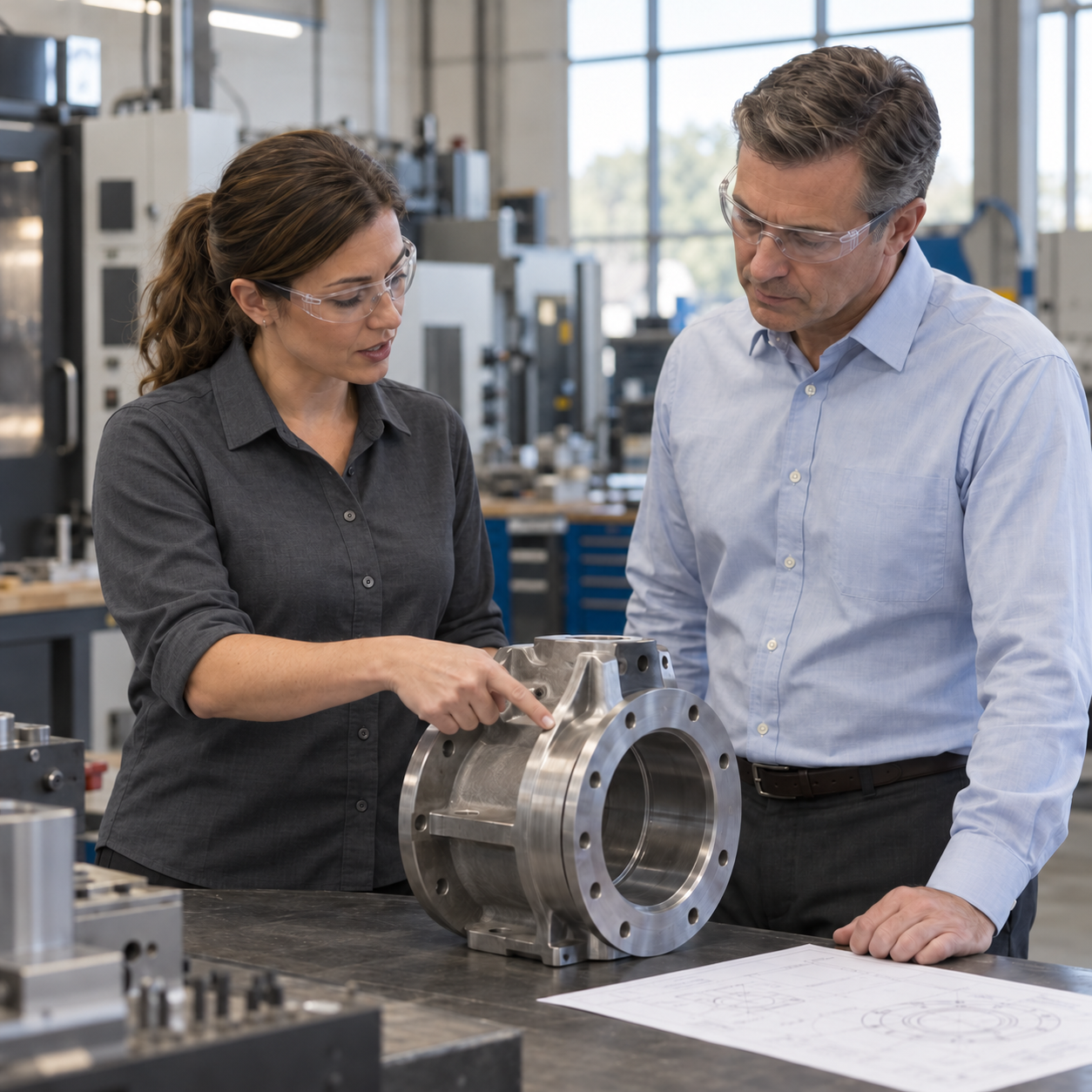 AI-generated illustration of a manufacturing sales specialist explaining a component to a buyer.