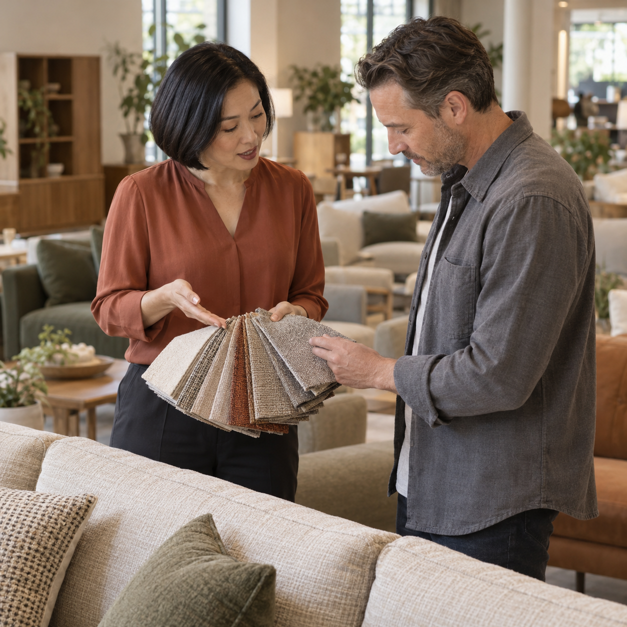 Furniture showroom specialist helping a buyer compare upholstery fabrics.