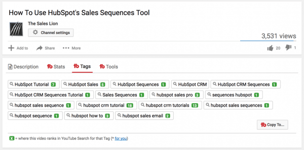 Where to find tag ranking on YouTube