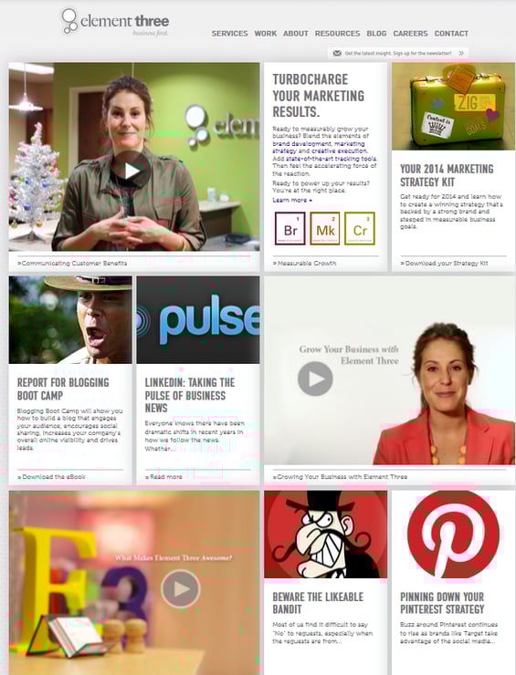 Companies like Element Three understand the power of visual on their website. As you can see from their homepage, they have a great mix of video, photo, and text.