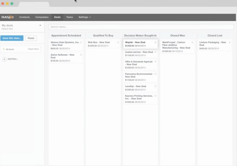 HubSpot CRM deals dashboard