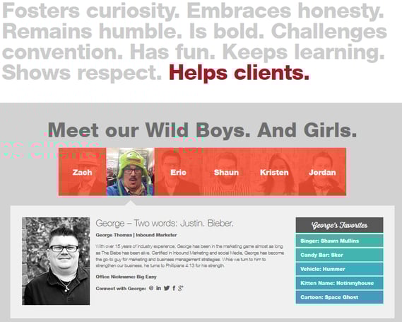 I'm a big fan of the folks at Wild Boy Design. Their website, and their About page, exudes their exceptional personality and marketing zeal-- and tells a story in the process.