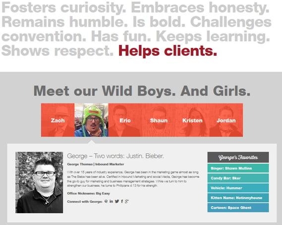 I'm a big fan of the folks at Wild Boy Design. Their website, and their About page, exudes their exceptional personality and marketing zeal-- and tells a story in the process.