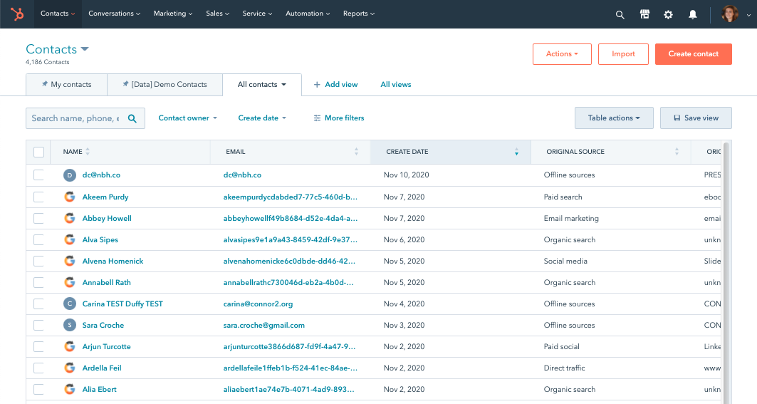 Outil Contacts dans HubSpot Marketing Hub