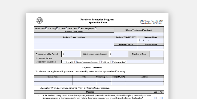 Paycheck Protection Program application and required documents (CARES Act)