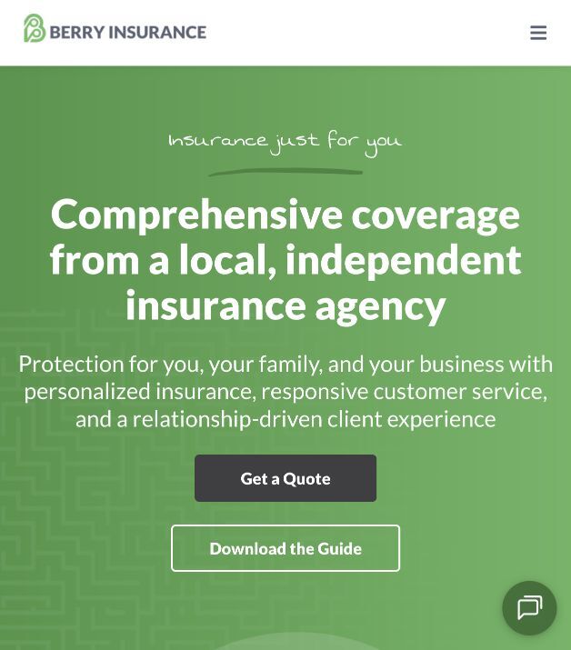 Berry Insurance homepage showing its main message and quote button