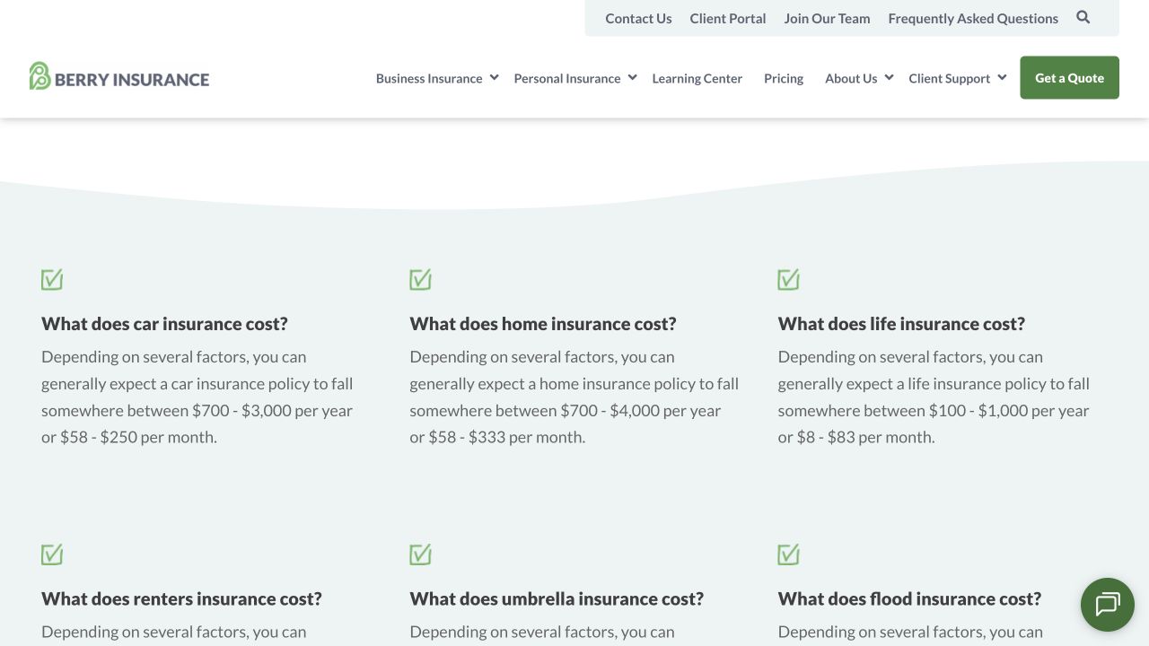 Berry Insurance pricing page showing answers to car and home insurance cost questions