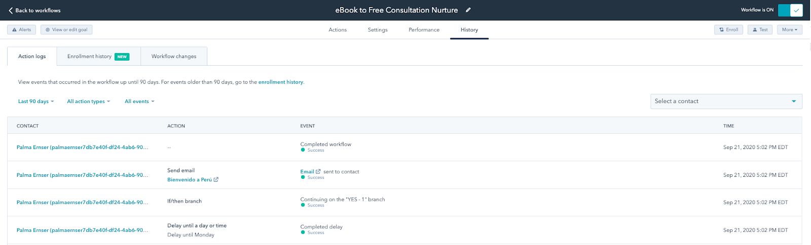 Workflow history tab