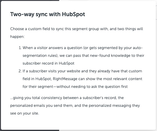 RightMessage Two-Way Sync with HubSpot Details
