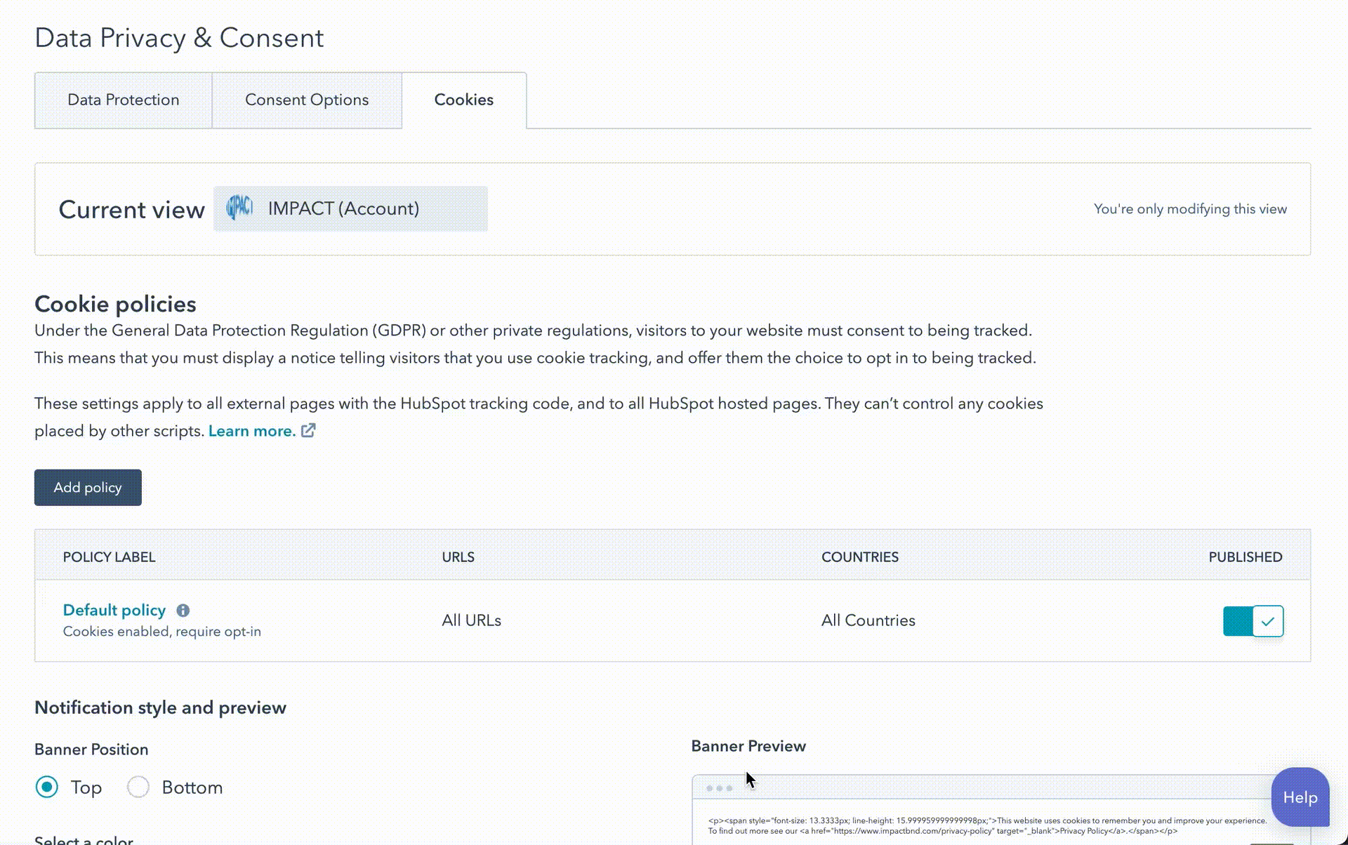cookie notification hubspot example